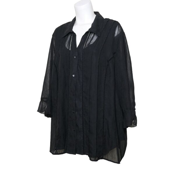 Maggie Barnes Black 3/4 Long Sleeve Button Front Twinset 3XL Ruffled Sleeve EUC - Picture 2 of 14